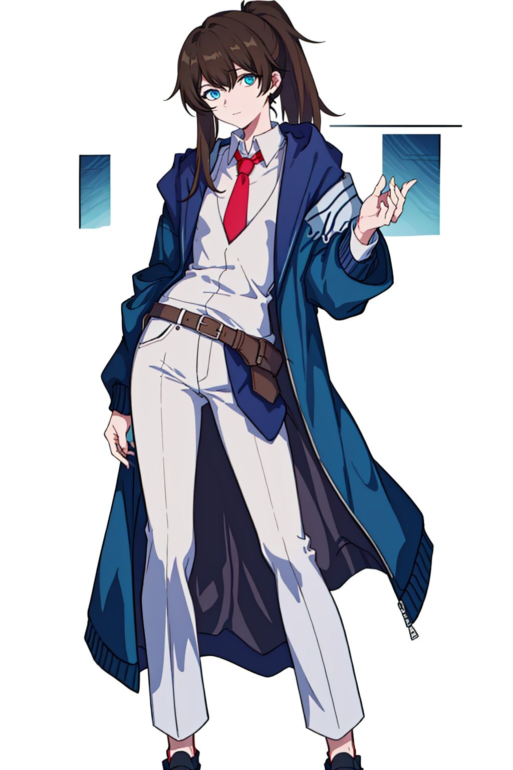  (masterpiece:1.3),(the best quality:1.2),(super fine illustrations:1.2),(Masterpiece),high quality,high detail,(white background:1.2),looking at viewer,(SOLO:1.4),outline,simplebackground,, necktie,hair over one eye,pants,white shirt,shirt,blue jacket,blue eyes,ponytail,hood,jacket,red necktie,brown hair,