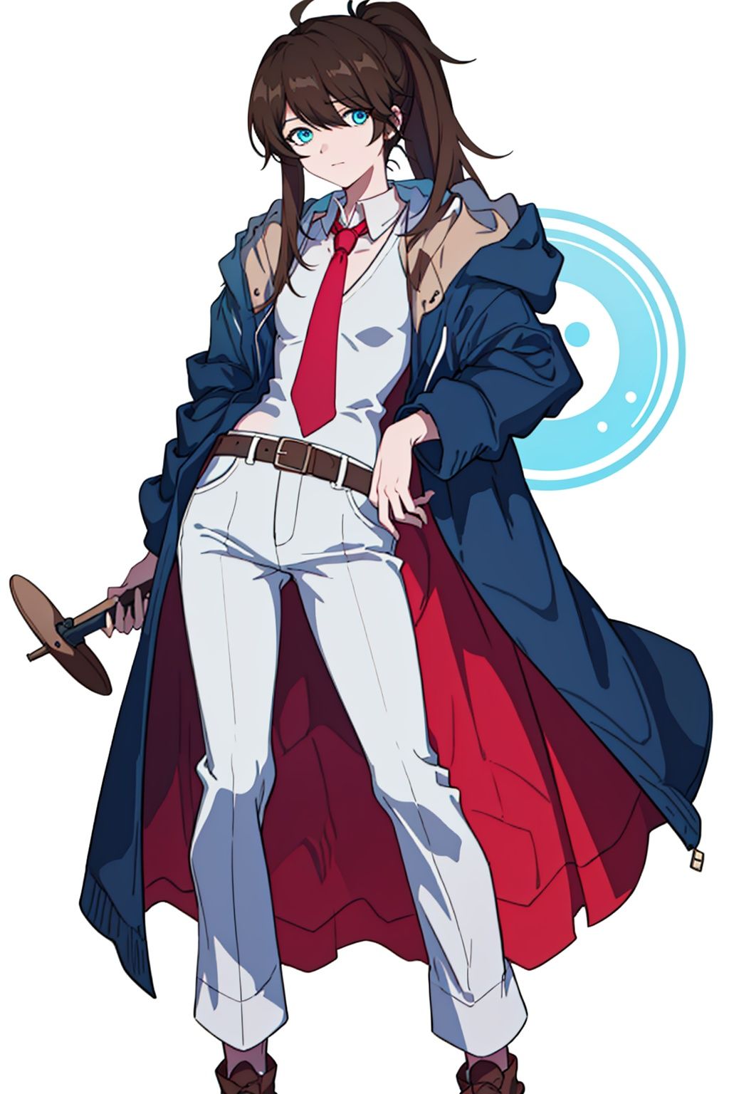 (masterpiece:1.3),(the best quality:1.2),(super fine illustrations:1.2),(Masterpiece),high quality,high detail,(white background:1.2),looking at viewer,(SOLO:1.4),outline,simplebackground,, necktie,hair over one eye,pants,white shirt,shirt,blue jacket,blue eyes,ponytail,hood,jacket,red necktie,brown hair,