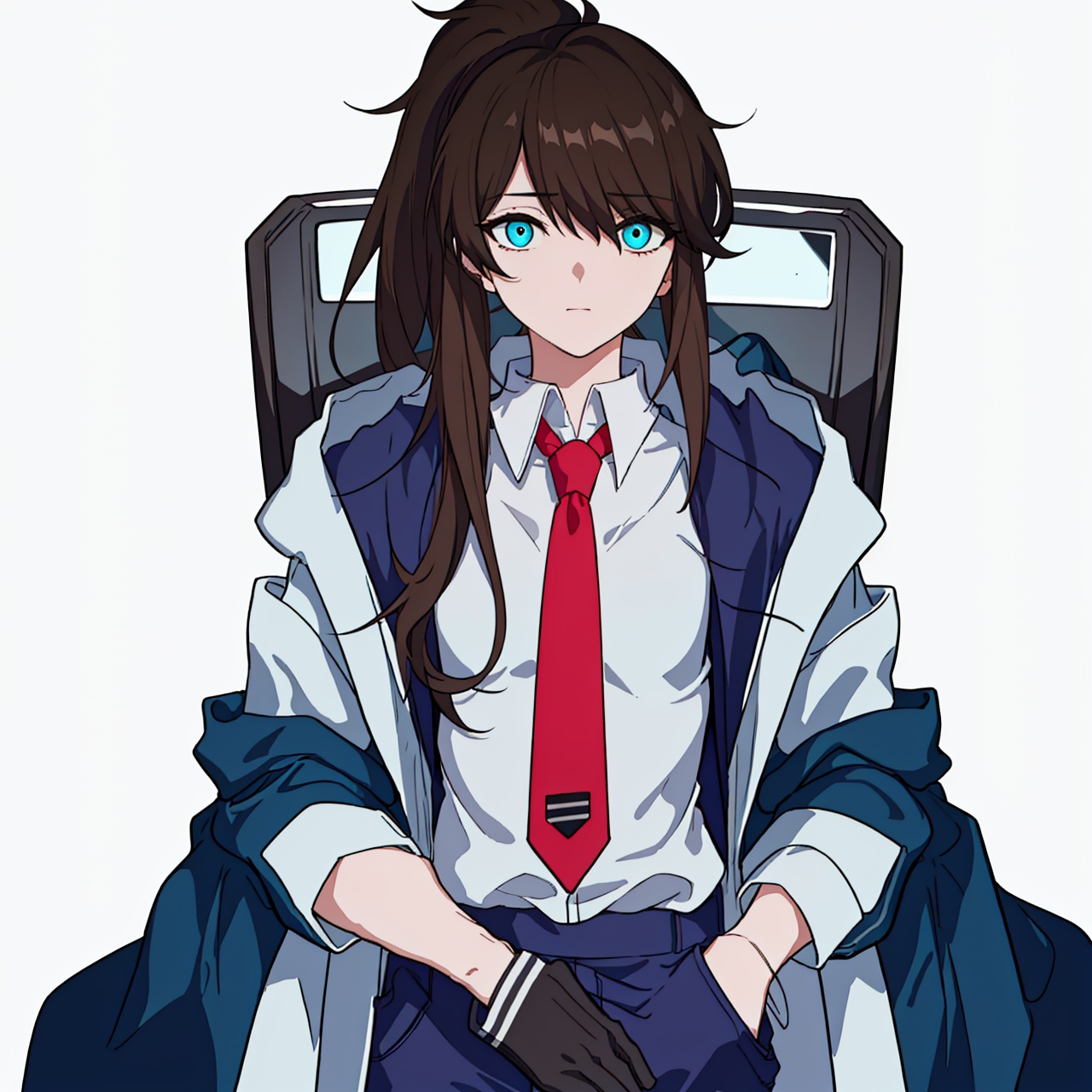  (masterpiece:1.3),(the best quality:1.2),(super fine illustrations:1.2),(Masterpiece),high quality,high detail,(white background:1.2),looking at viewer,(SOLO:1.4),outline,simplebackground,, necktie,hair over one eye,pants,white shirt,shirt,blue jacket,blue eyes,ponytail,hood,jacket,red necktie,brown hair,