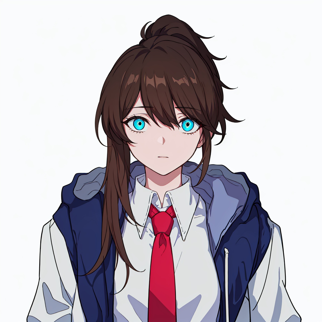  (masterpiece:1.3),(the best quality:1.2),(super fine illustrations:1.2),(Masterpiece),high quality,high detail,(white background:1.2),looking at viewer,(SOLO:1.4),outline,simplebackground,, necktie,hair over one eye,pants,white shirt,shirt,blue jacket,blue eyes,ponytail,hood,jacket,red necktie,brown hair,