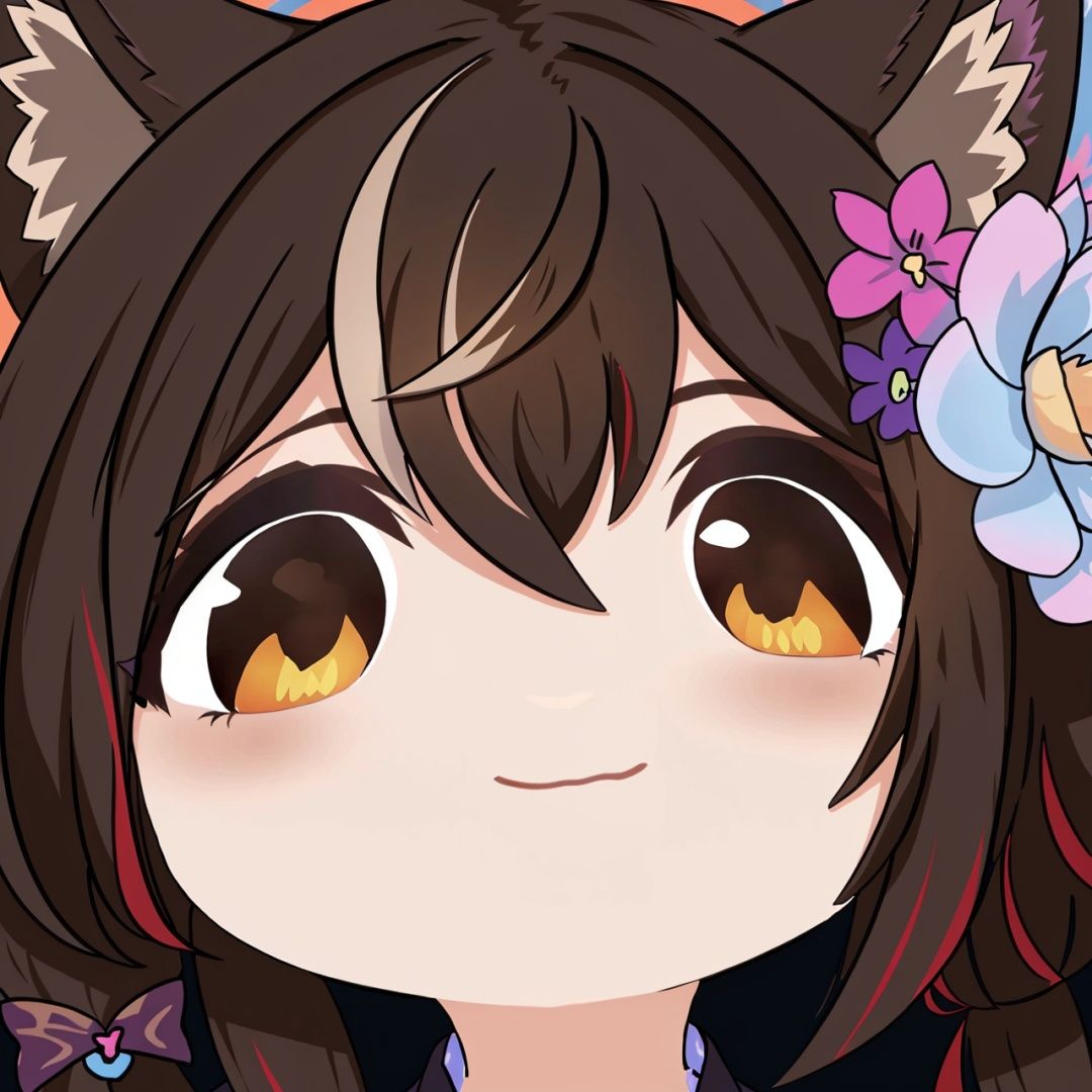 virtual youtuber, animal ears, hair ornament, 1girl, multicolored hair, streaked hair, cat ears, bangs, flower, hair flower, closed mouth, hair between eyes, eyebrows visible through hair, solo, smile, brown hair, looking at viewer, simple background, animal ear fluff
