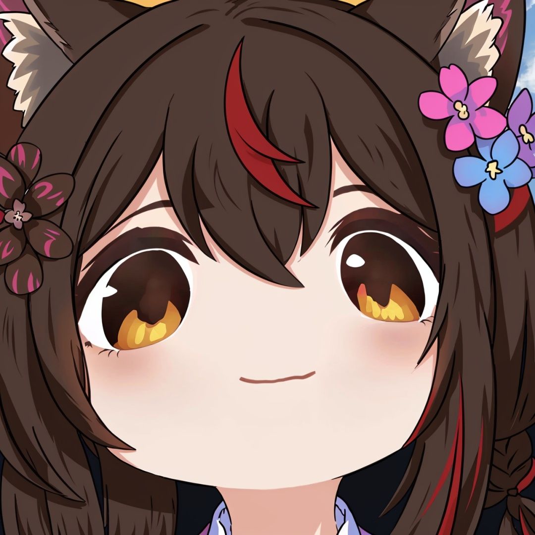 virtual youtuber, animal ears, hair ornament, 1girl, multicolored hair, streaked hair, cat ears, bangs, flower, hair flower, closed mouth, hair between eyes, eyebrows visible through hair, solo, smile, brown hair, looking at viewer, simple background, animal ear fluff