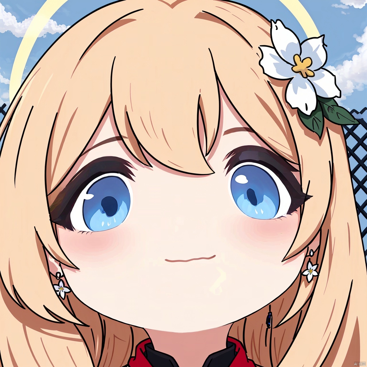 1girl, solo, long hair, looking at viewer, blush, smile, bangs, blue eyes, blonde hair, hair ornament, jewelry, closed mouth, flower, earrings, outdoors, sky, day, cloud, hair flower, blue sky, black shirt, :3, halo, white flower, portrait, red scarf