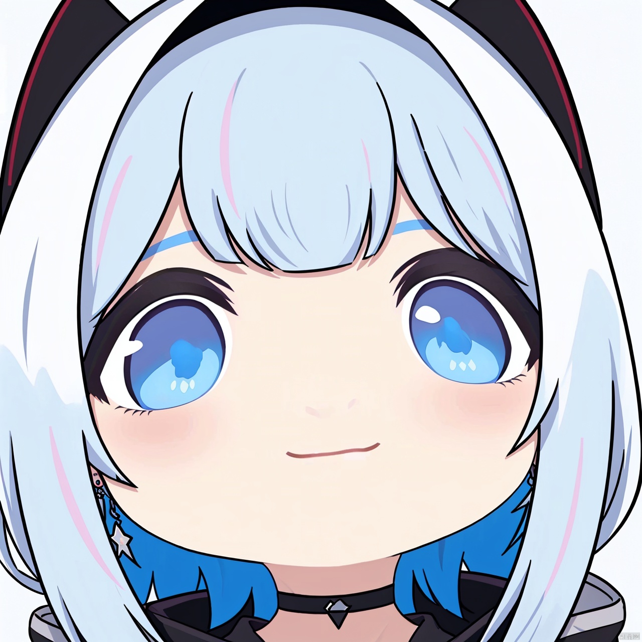 1girl, solo, looking at viewer, smile, bangs, blue eyes, simple background, white background, jewelry, closed mouth, blue hair, white hair, multicolored hair, earrings, choker, virtual youtuber, hood, chibi, black choker, portrait, hood up