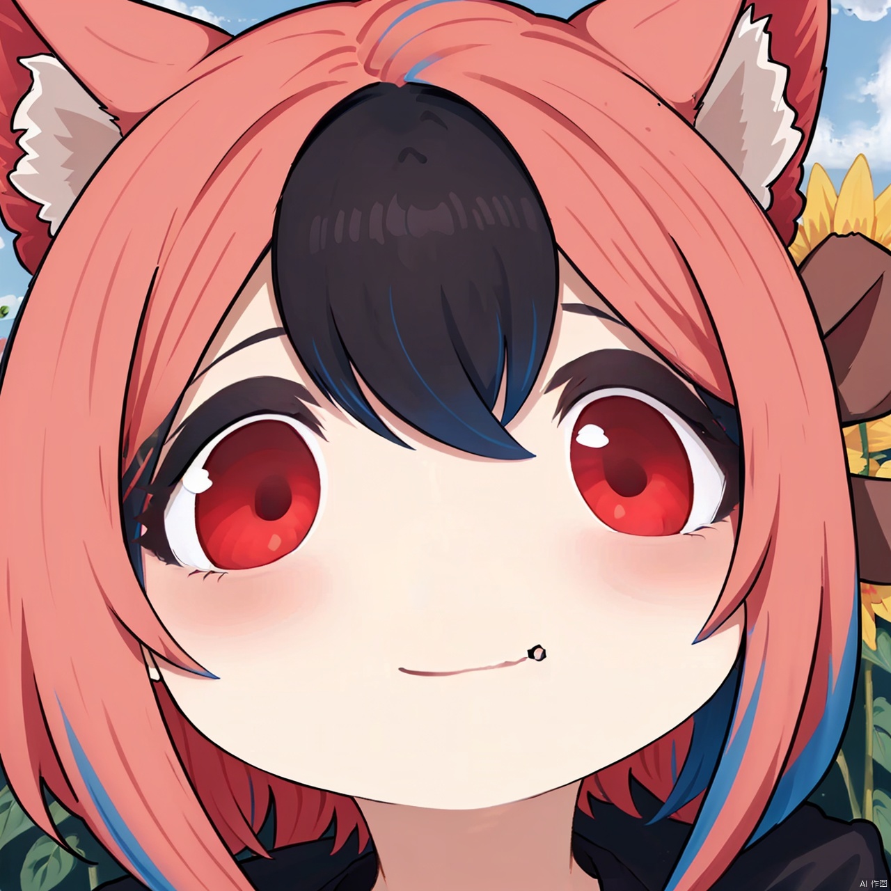  (Color hair: 1.5),（Bare teeth：1.5）, Cat ears, (Boys: 1.5), A lovely face, Red eyes, (Open mouth: 1.5), Fear, Surprised, 32k, Emoticon, Maple leaf, Flower, Sunflower, HD
