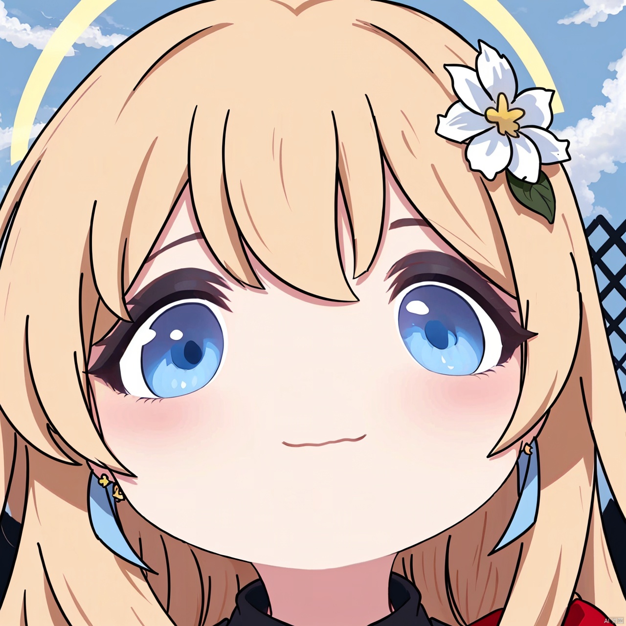  1girl, solo, Bare teeth,long hair, looking at viewer, blush, smile, bangs, blue eyes, blonde hair, hair ornament, jewelry, closed mouth, flower, earrings, outdoors, sky, day, cloud, hair flower, blue sky, black shirt, :3, halo, white flower, portrait, red scarf