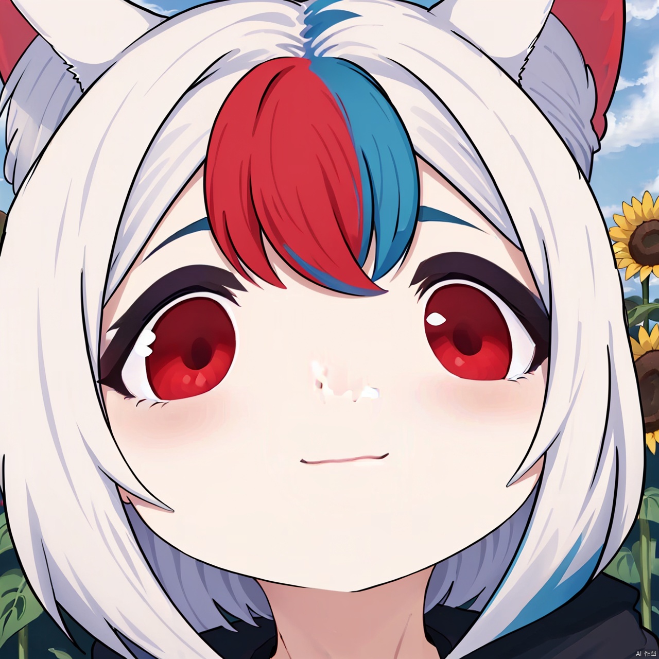  (Color hair: 1.5), Cat ears, (Boys: 1.5), A lovely face, Red eyes, (Open mouth: 1.5), Fear, Surprised, 32k, Emoticon, Maple leaf, Flower, Sunflower, HD