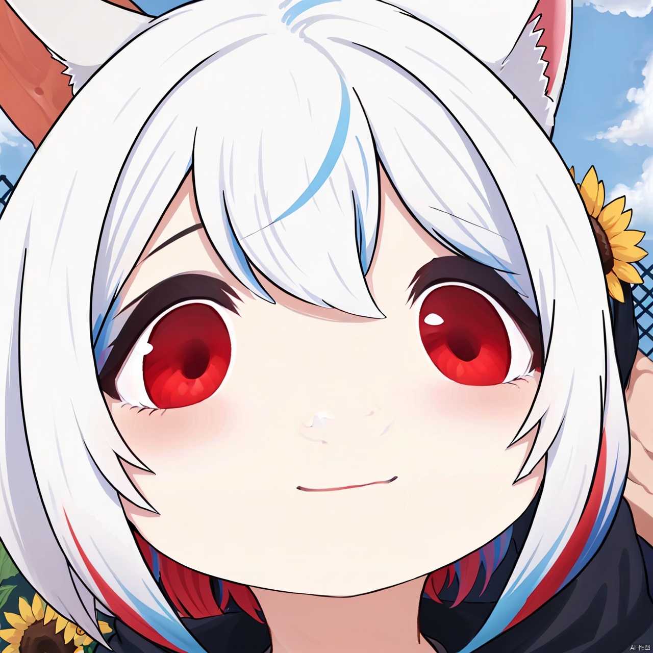 (Color hair: 1.5),（Bare teeth：1.5）, Cat ears, (Boys: 1.5), A lovely face, Red eyes, (Open mouth: 1.5), Fear, Surprised, 32k, Emoticon, Maple leaf, Flower, Sunflower, HD