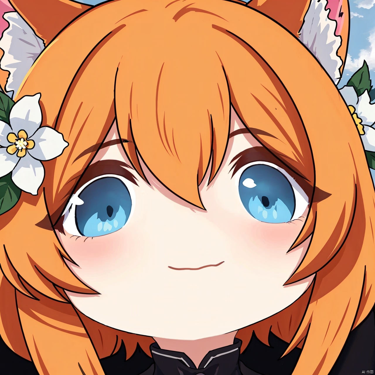  Orange hair, 1girl, flower, animal ears, hair ornament, smile, solo, hair between eyes, white flower, hair flower, cat ears, UHD, high details, best quality, 16k
