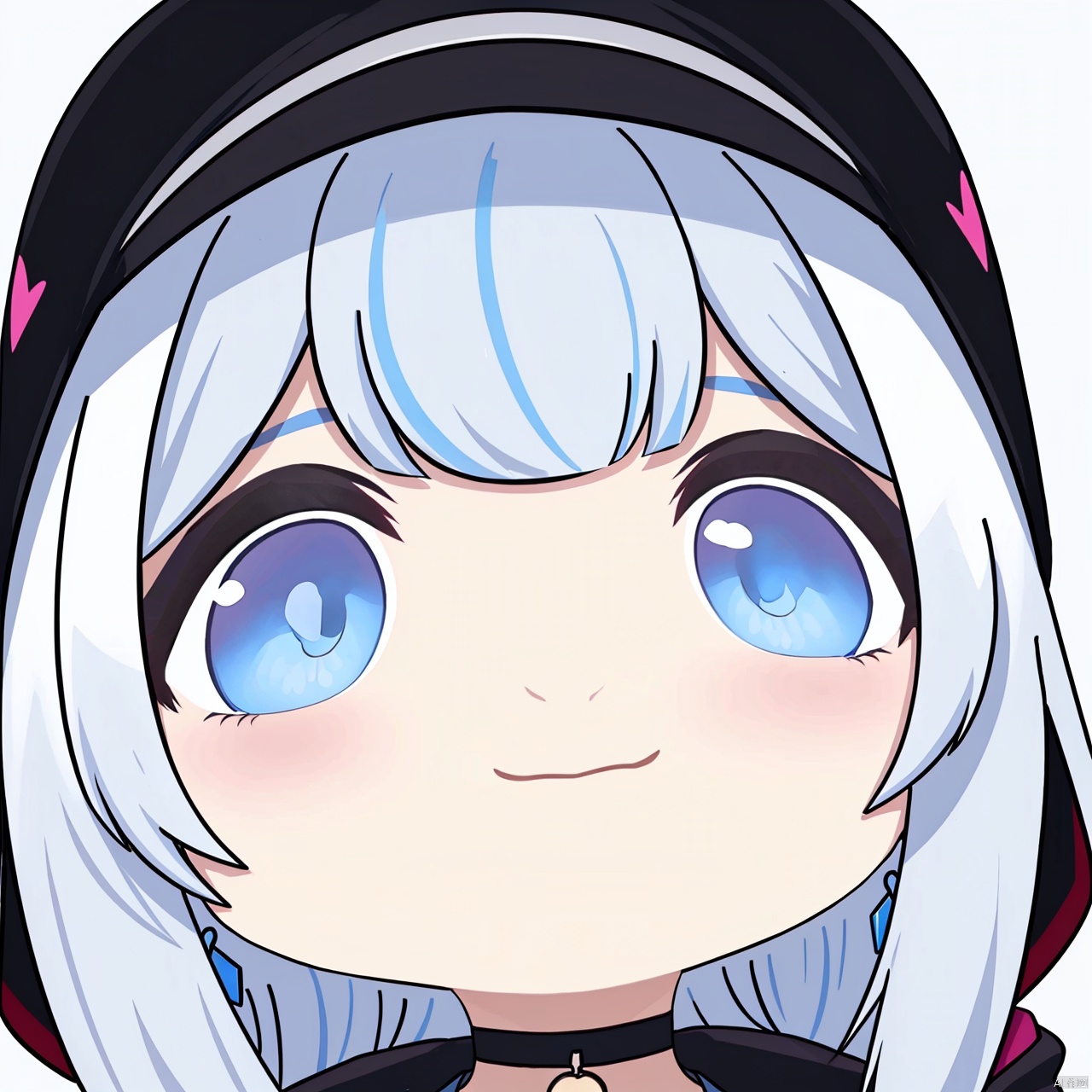 1girl, solo, Bare teeth,looking at viewer, smile, bangs, blue eyes, simple background, white background, jewelry, closed mouth, blue hair, white hair, multicolored hair, earrings, choker, virtual youtuber, hood, chibi, black choker, portrait, hood up