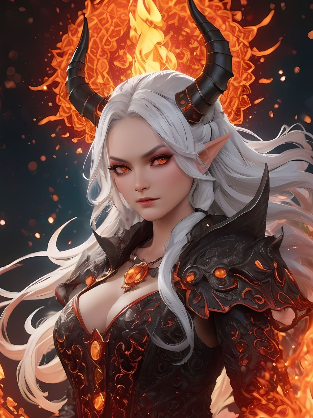 (cute demoness with flame horns,  flaming veins),  (masterpiece by Pejwano on Tensor.Art