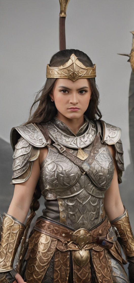 A women warrior with long brown braided hair,  wearing a detailed and intricate golden helmet,  holding a detailed silver...