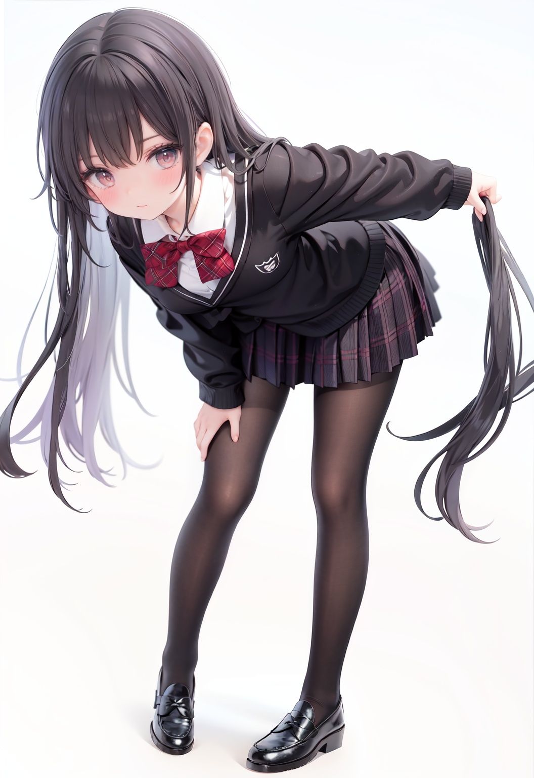  1girl, solo, pantyhose, skirt, long hair, loafers, shoes, simple background, school uniform, brown eyes, plaid, black pantyhose, plaid skirt, looking at viewer, black hair, pantyhose pull, full body, clothes pull, black footwear, pleated skirt, leaning forward, bangs, long sleeves, bent over, cardigan, bow, bowtie, standing, closed mouth, pulled by self, grey background, blush, miniskirt, red bow, sweater, **********