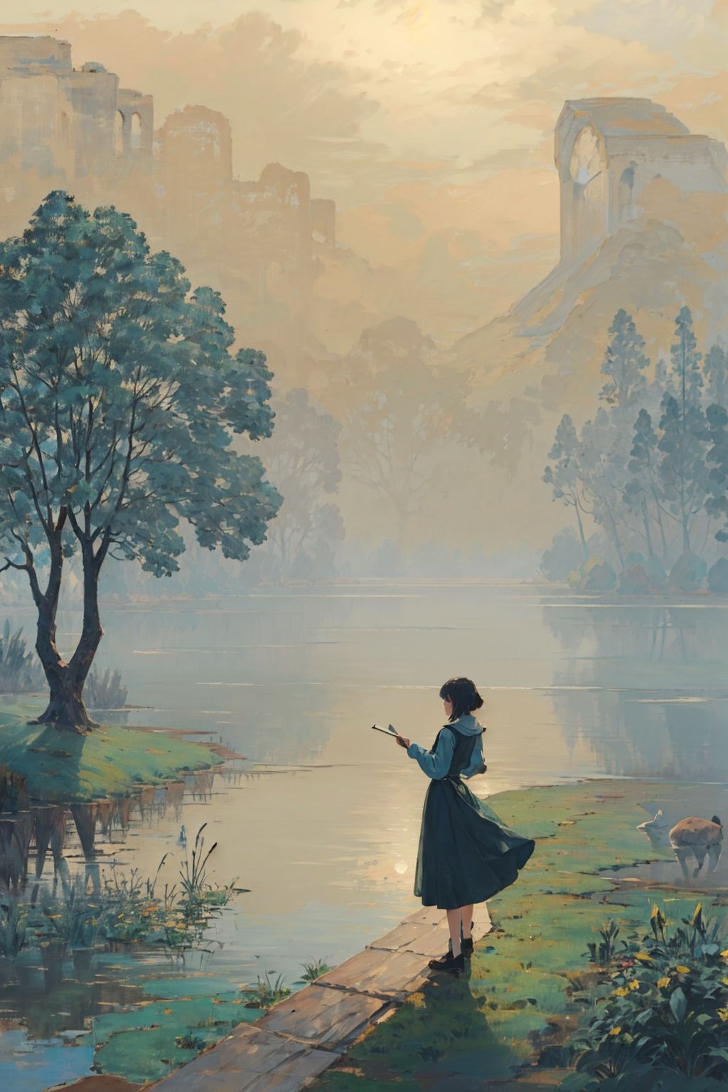  (((masterpiece, best quality))), outdoors,lake,mountain,tree,1girl,long dress,,foggy days,blue green theme,