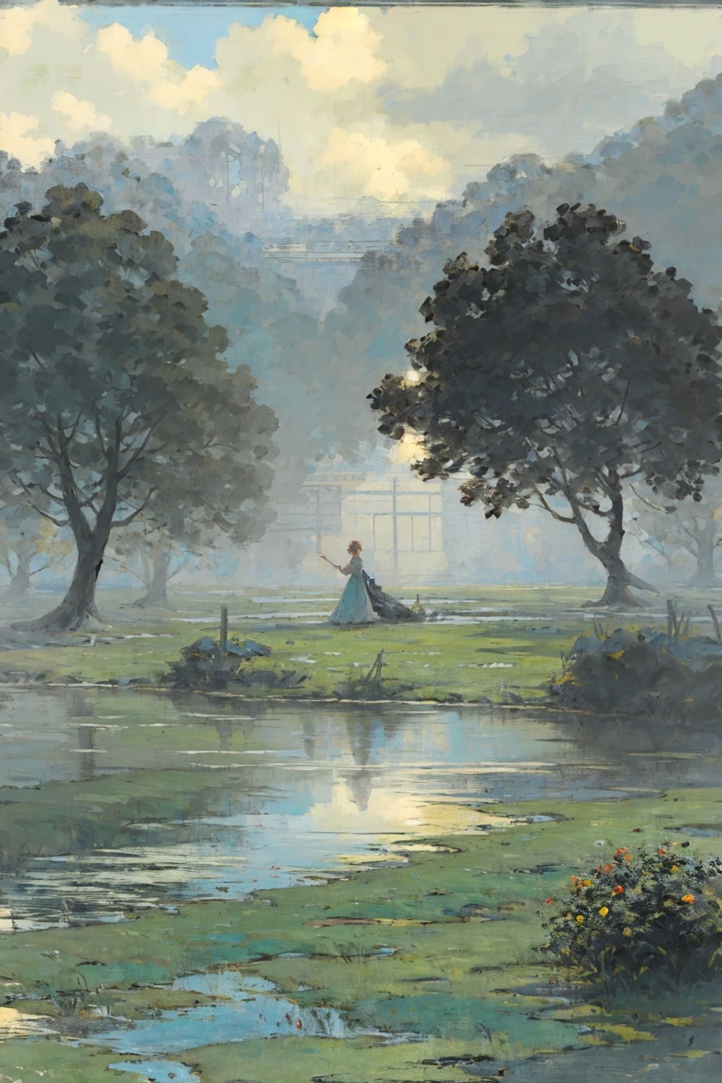  (((masterpiece, best quality))), outdoors,lake,mountain,tree,1girl,long dress,,foggy days,blue green theme,