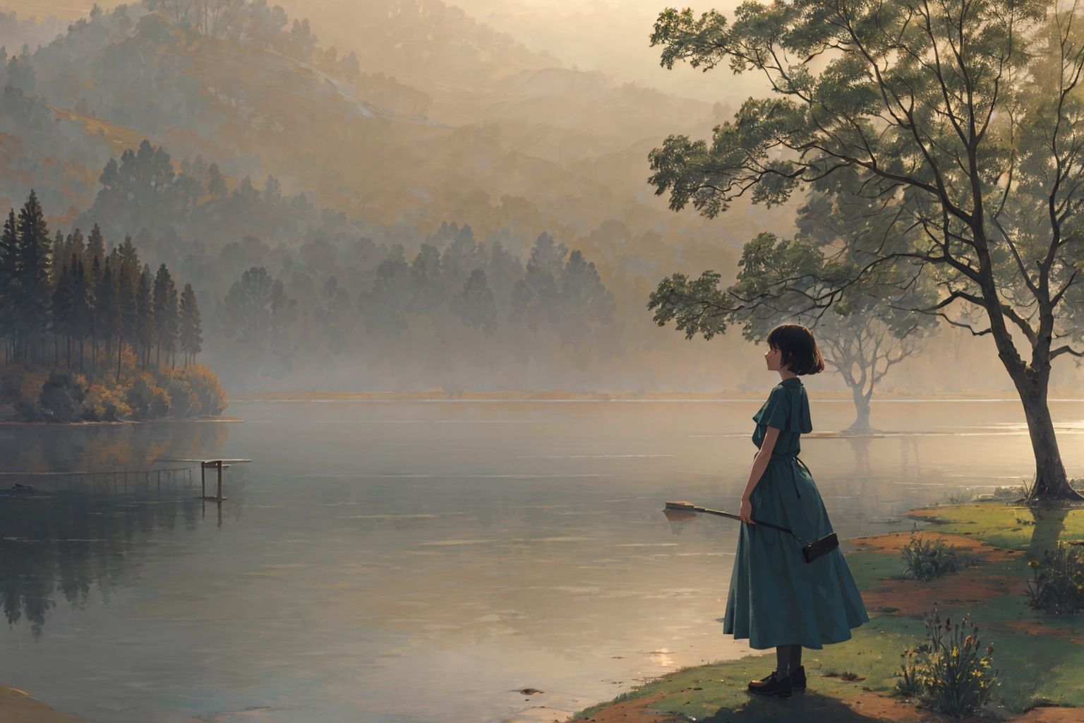  (((masterpiece, best quality))), outdoors,lake,mountain,tree,1girl,long dress,,foggy days,blue green theme,