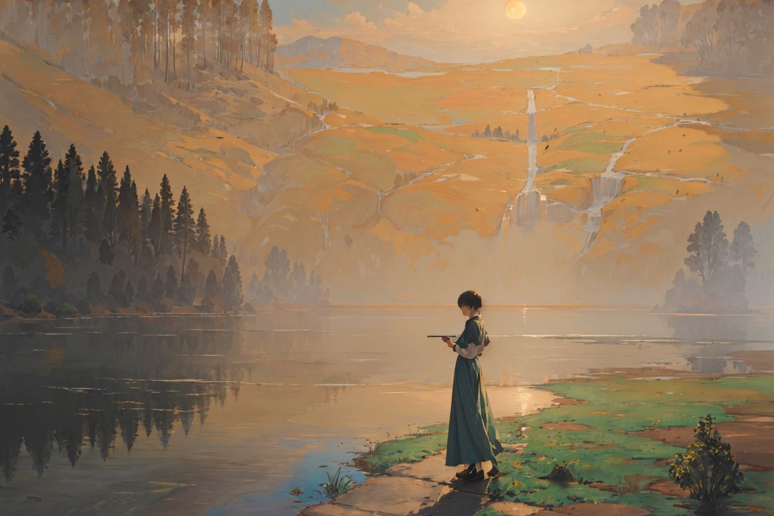  (((masterpiece, best quality))), outdoors,lake,mountain,tree,1girl,long dress,,foggy days,blue green theme,