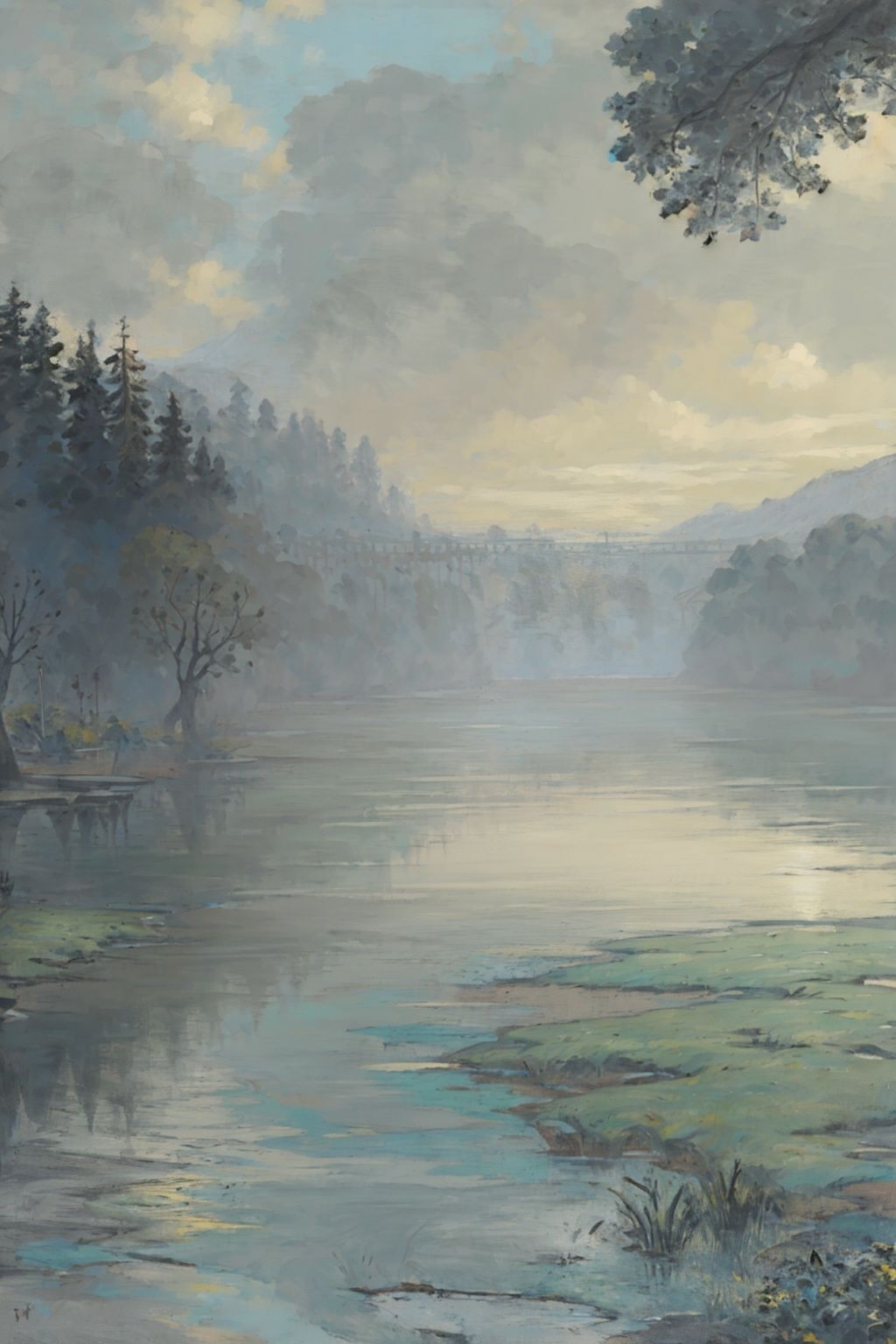  (((masterpiece, best quality))), outdoors,lake,mountain,tree,1girl,long dress,,foggy days,blue green theme,