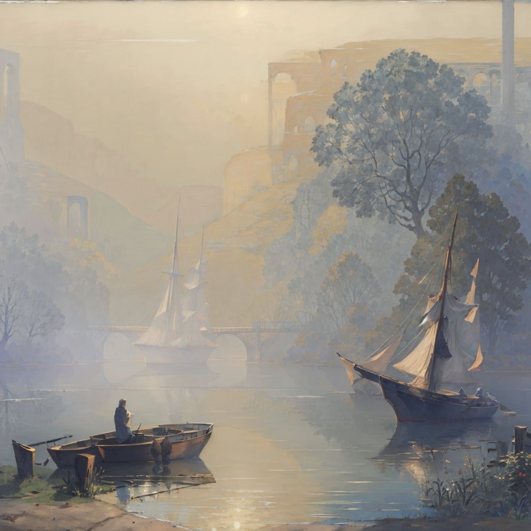 (((masterpiece, best quality))), outdoors,lake,mountain,tree,ship on lake,foggy days,blue green theme,