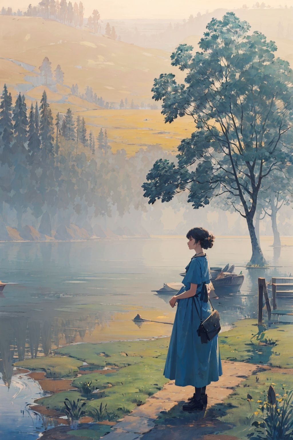  (((masterpiece, best quality))), outdoors,lake,mountain,tree,1girl,long dress,,foggy days,blue green theme,