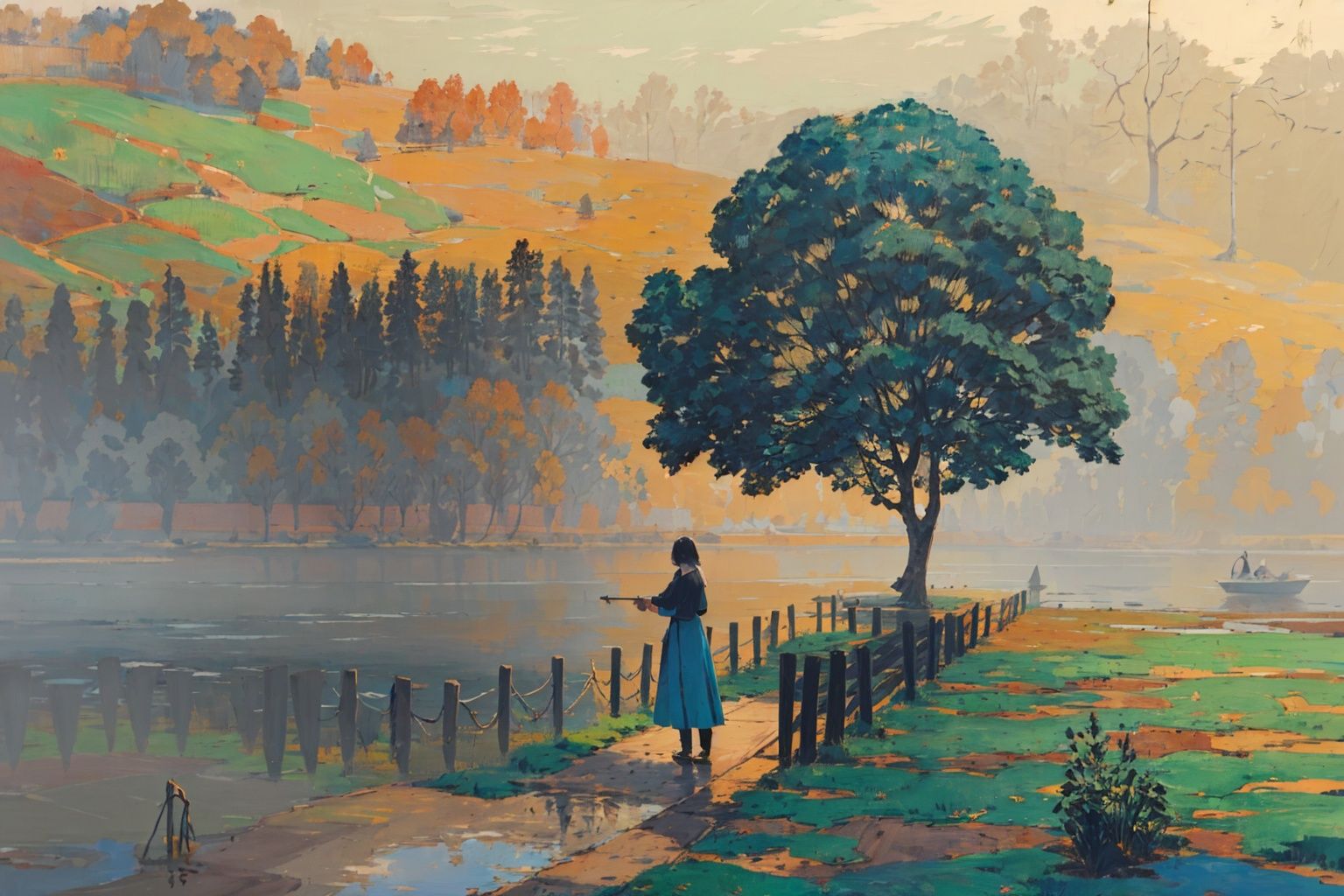  (((masterpiece, best quality))), outdoors,lake,mountain,tree,1girl,long dress,,foggy days,blue green theme,