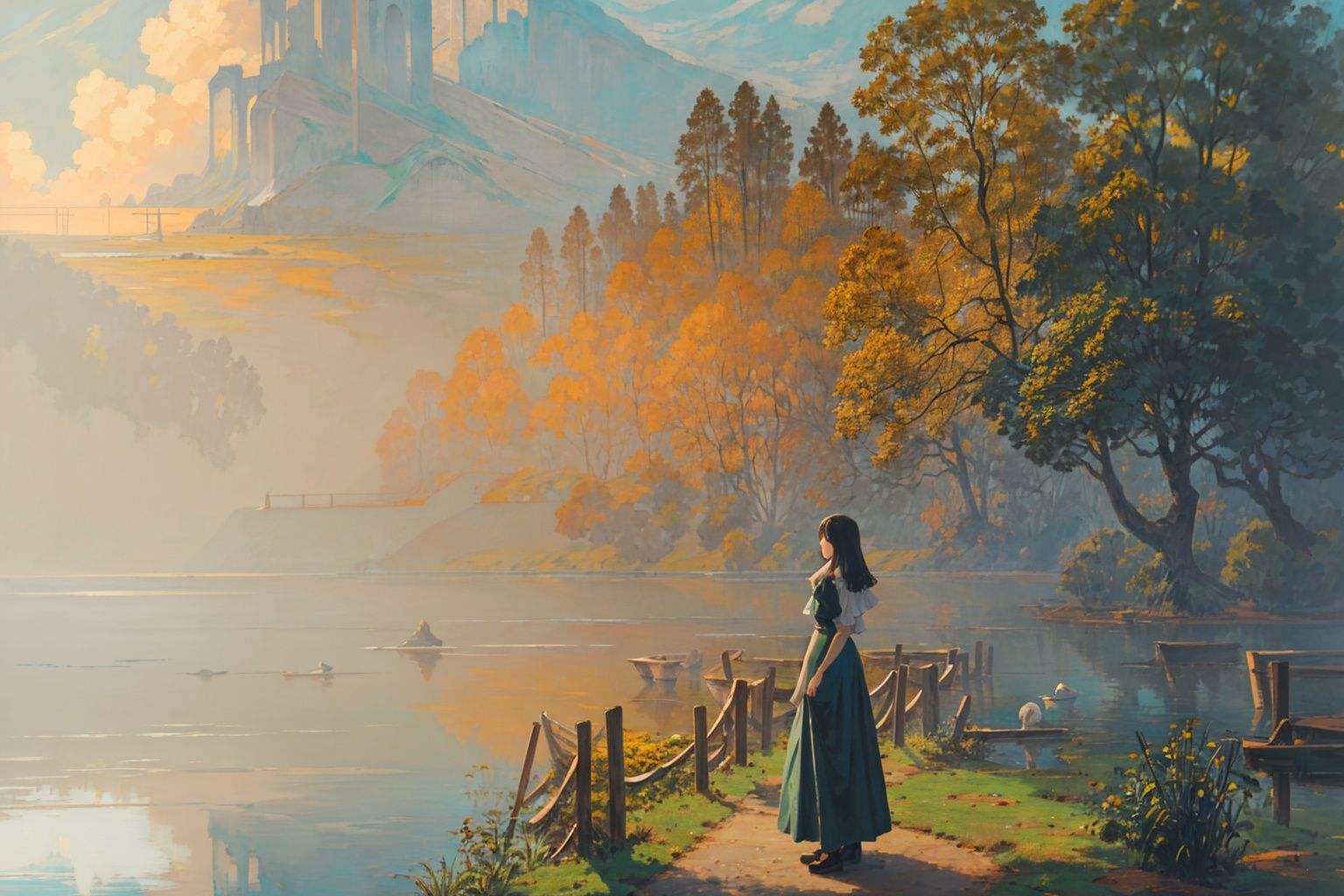  (((masterpiece, best quality))), outdoors,lake,mountain,tree,1girl,long dress,,foggy days,blue green theme,