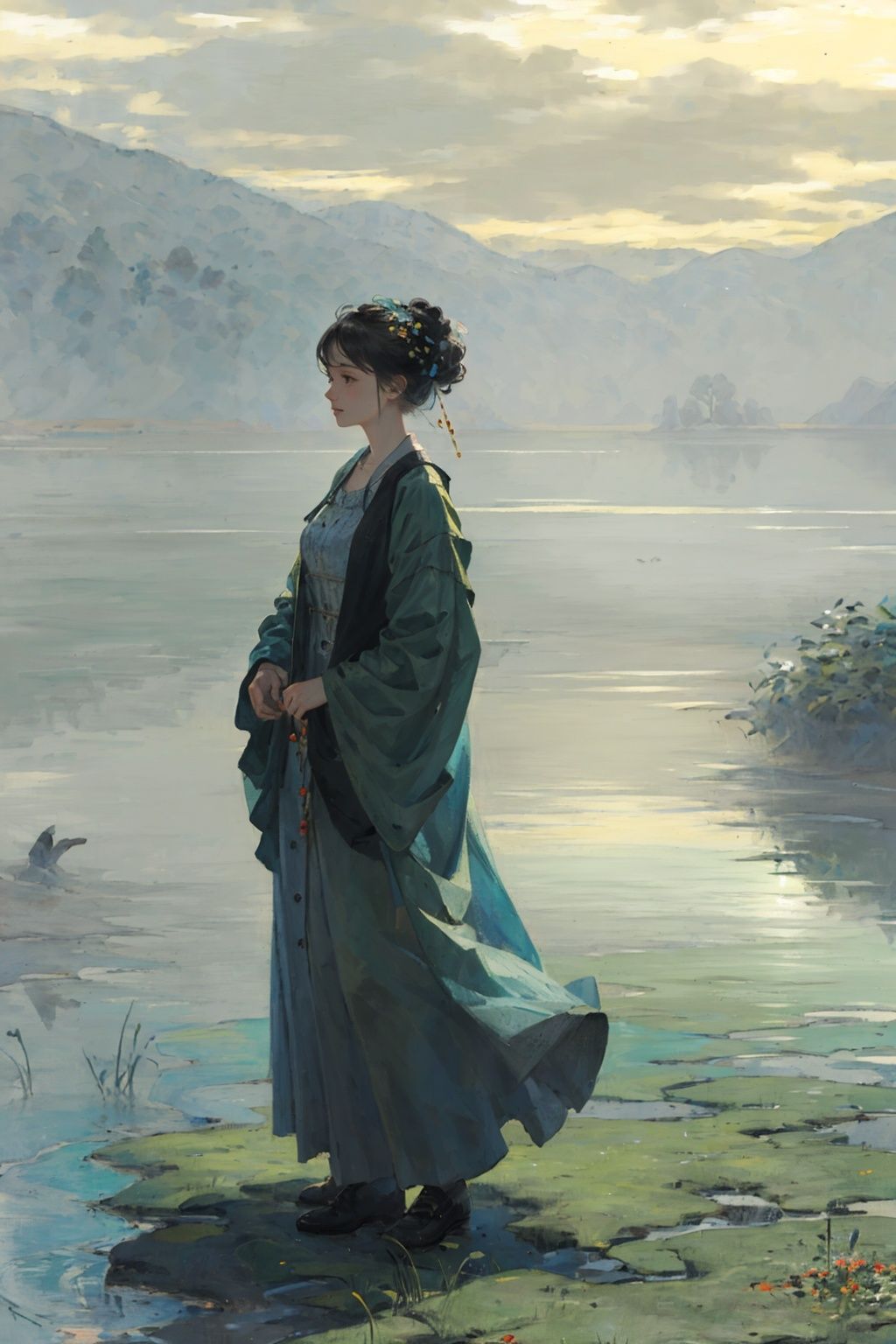  (((masterpiece, best quality))), outdoors,lake,mountain,tree,1girl,long dress,,foggy days,blue green theme,