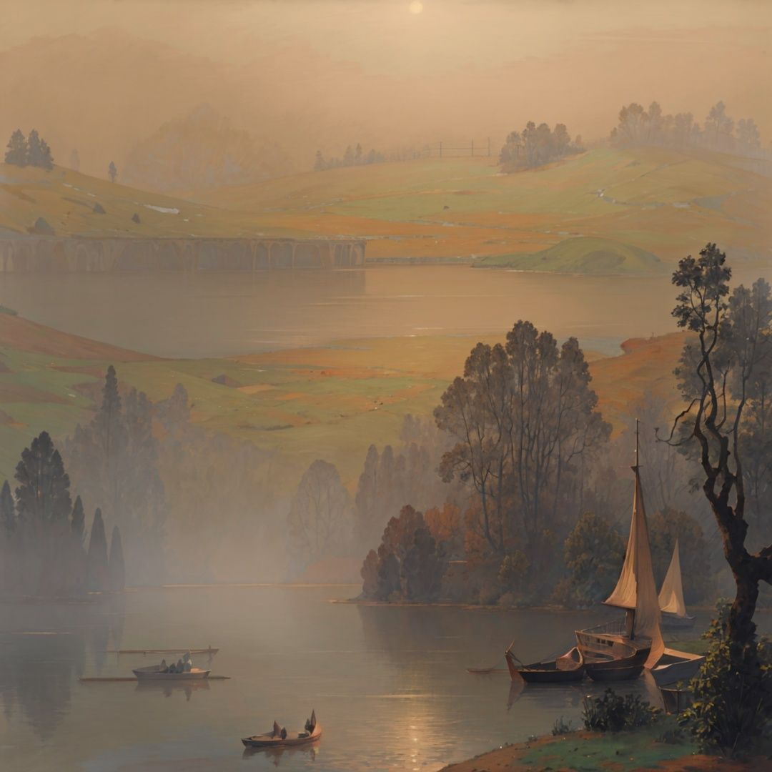 (((masterpiece, best quality))), outdoors,lake,mountain,tree,ship on lake,foggy days,blue green theme,