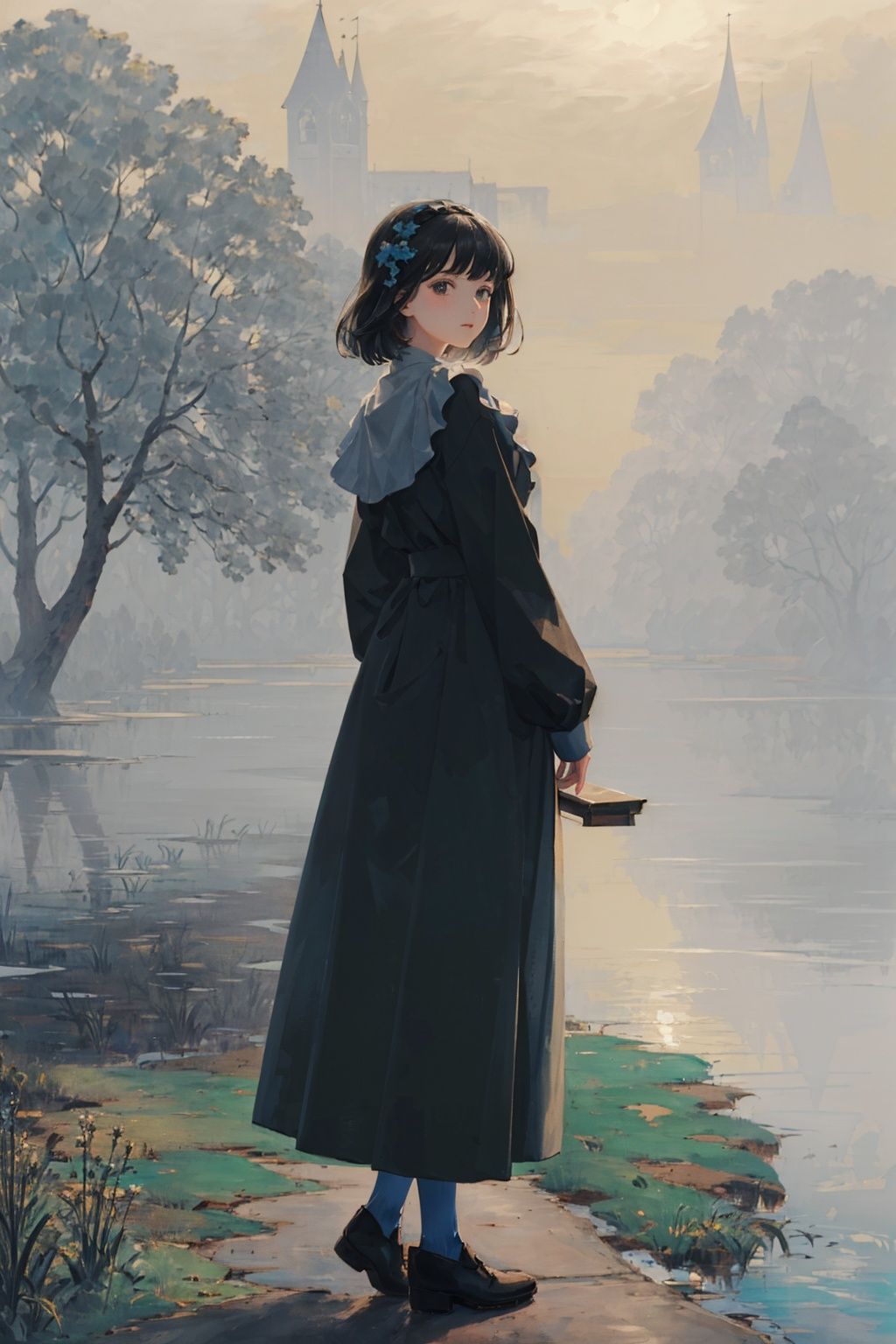  (((masterpiece, best quality))), outdoors,lake,mountain,tree,1girl,long dress,,foggy days,blue green theme,