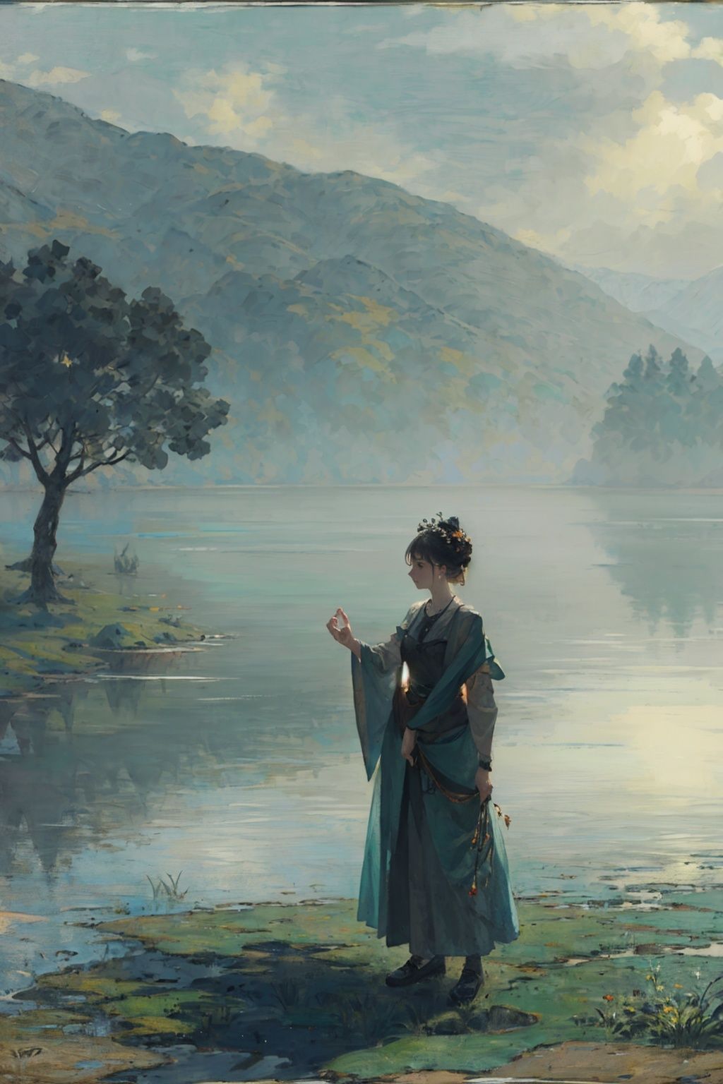  (((masterpiece, best quality))), outdoors,lake,mountain,tree,1girl,long dress,,foggy days,blue green theme,
