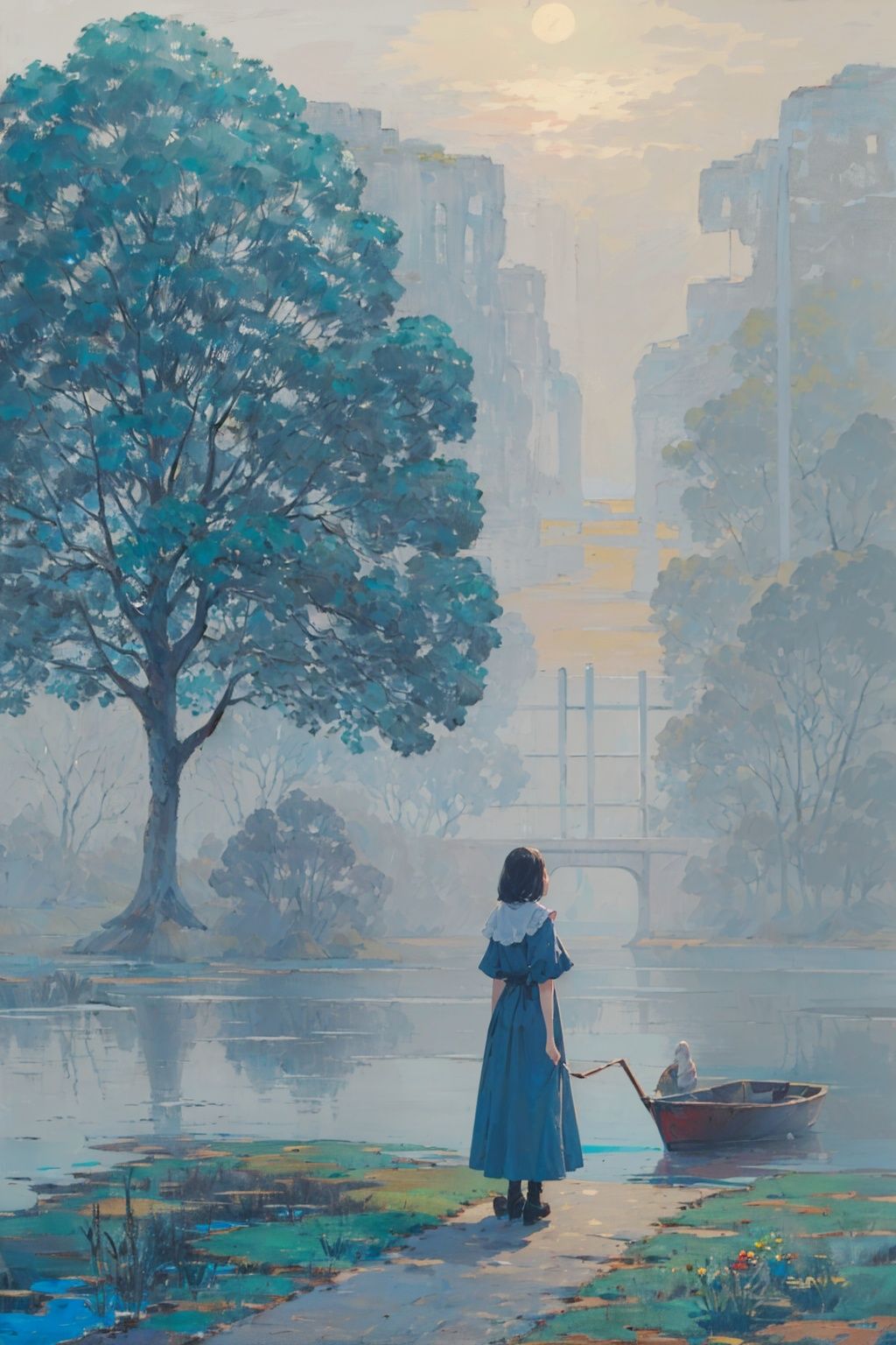  (((masterpiece, best quality))), outdoors,lake,mountain,tree,1girl,long dress,,foggy days,blue green theme,