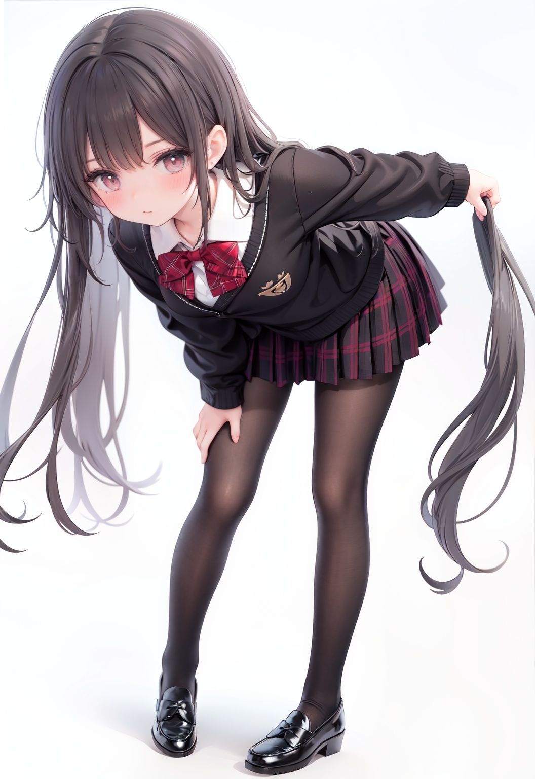  1girl, solo, pantyhose, skirt, long hair, loafers, shoes, simple background, school uniform, brown eyes, plaid, black pantyhose, plaid skirt, looking at viewer, black hair, pantyhose pull, full body, clothes pull, black footwear, pleated skirt, leaning forward, bangs, long sleeves, bent over, cardigan, bow, bowtie, standing, closed mouth, pulled by self, grey background, blush, miniskirt, red bow, sweater, **********