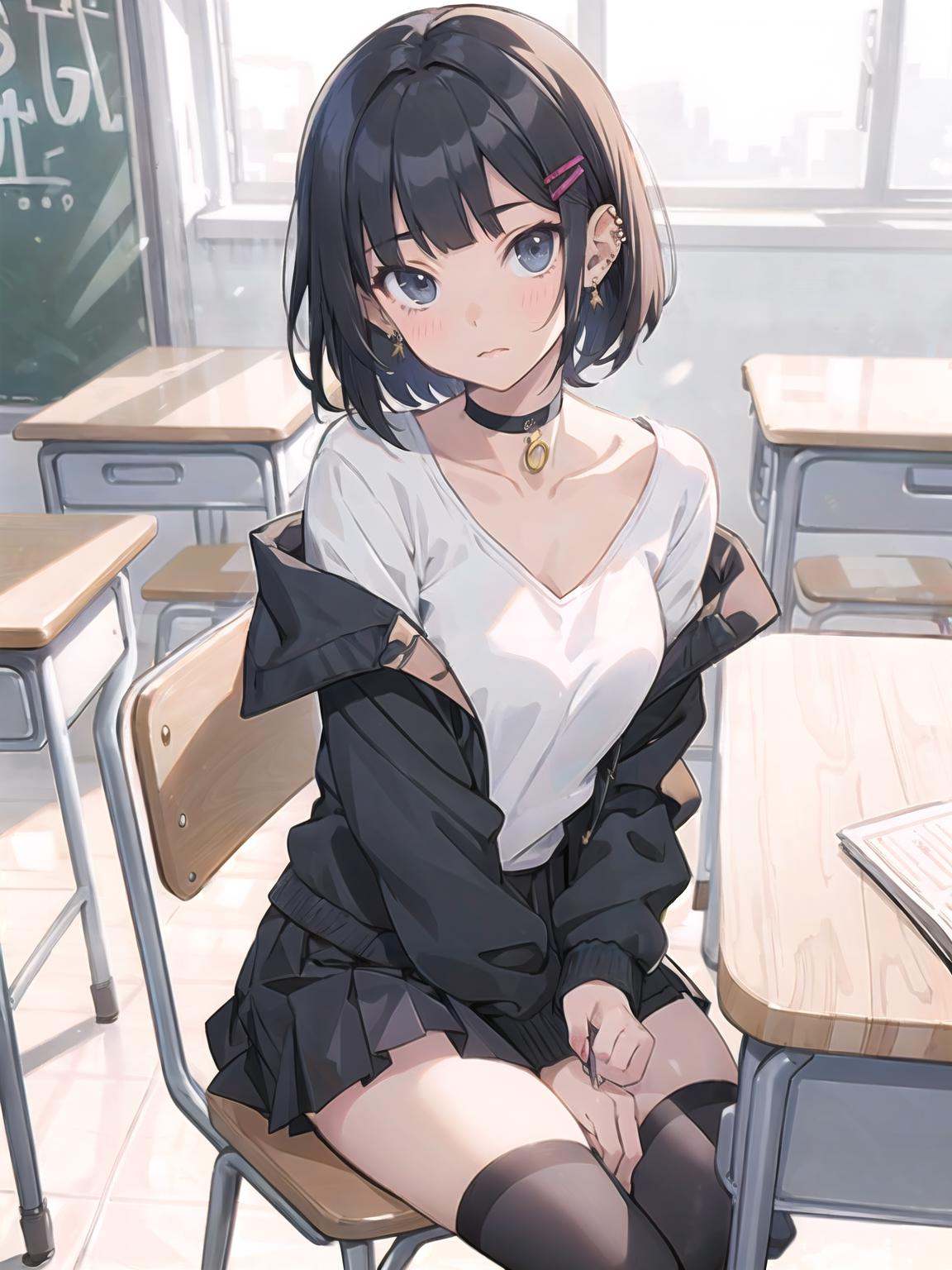 a girl sitting on a desk in a classroom with her legs crossed official art,  a manga drawing,  academic art on Tensor.Art