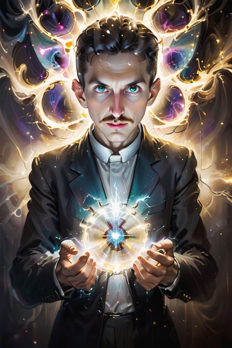 painting,  medium shot of a Glittering (Nikola Tesla) holding a Fractal electrical core,  perfect eyes on Tensor.Art