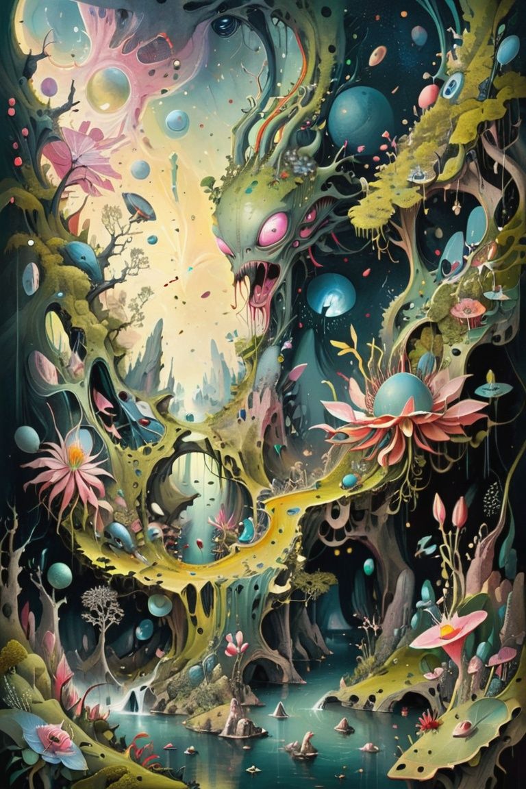Illustrate an alien planet teeming with exotic flora and fauna,  in the spirit of Hieronymus Bosch's fantastical landscape...