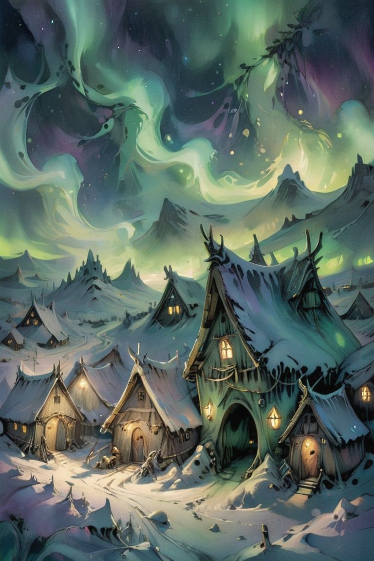 Visualize a Viking village under the Northern Lights,  as if illustrated by Brian Froud | fantastical landscape,  detailed...