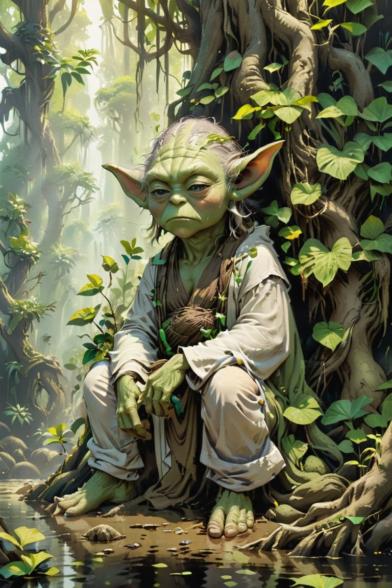 detailed illustration of Yoda contemplating life,  swamp setting,  thick roots on Tensor.Art