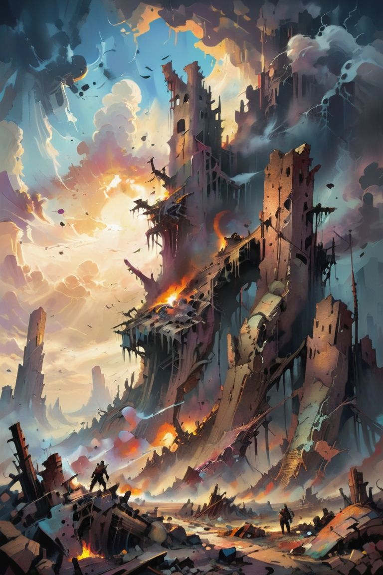 Create a post-apocalyptic wasteland with towering ruins and scavengers,  detailed image with dramatic sky,  inspired by th...