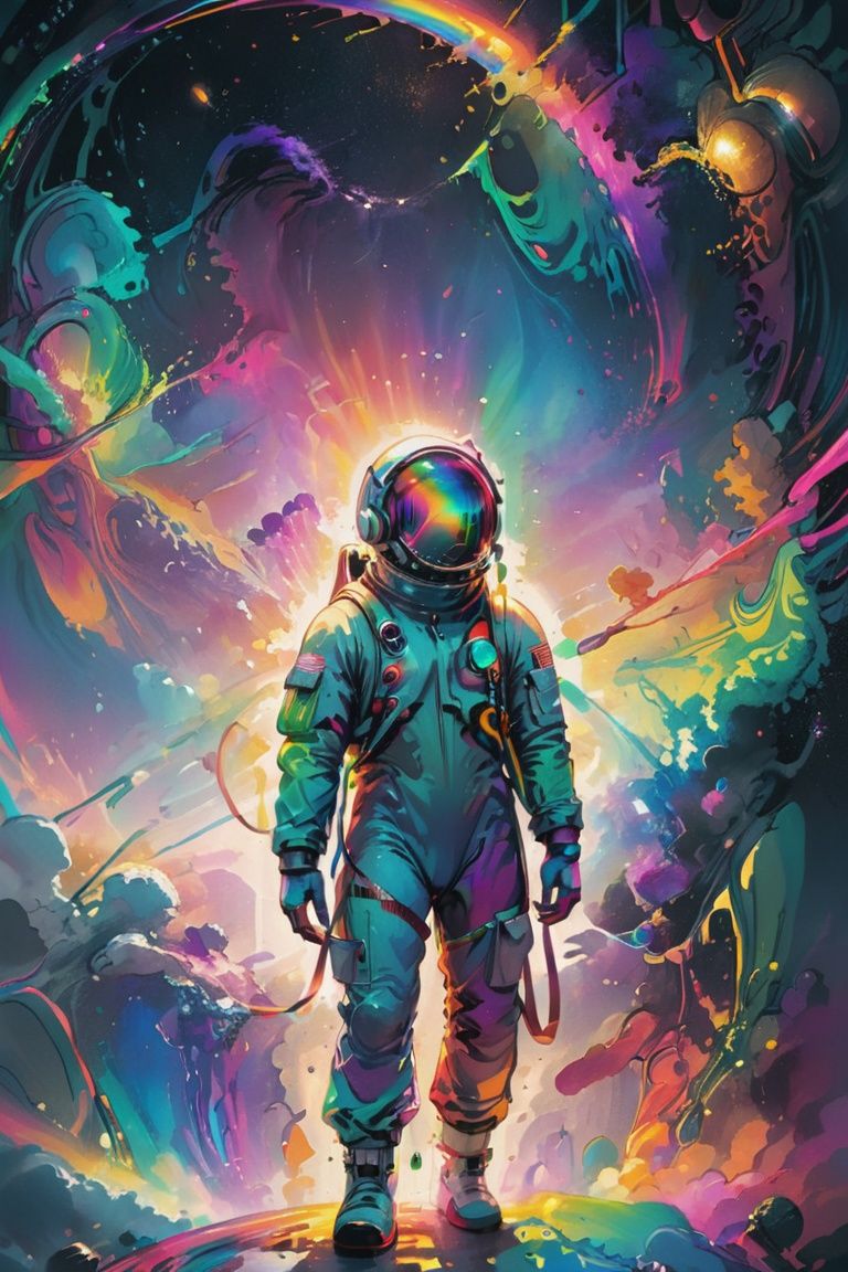 a brightly colored illustration of a man in a space suit with a backpack,  beeple colors,  under a technicolor sky on Tens...