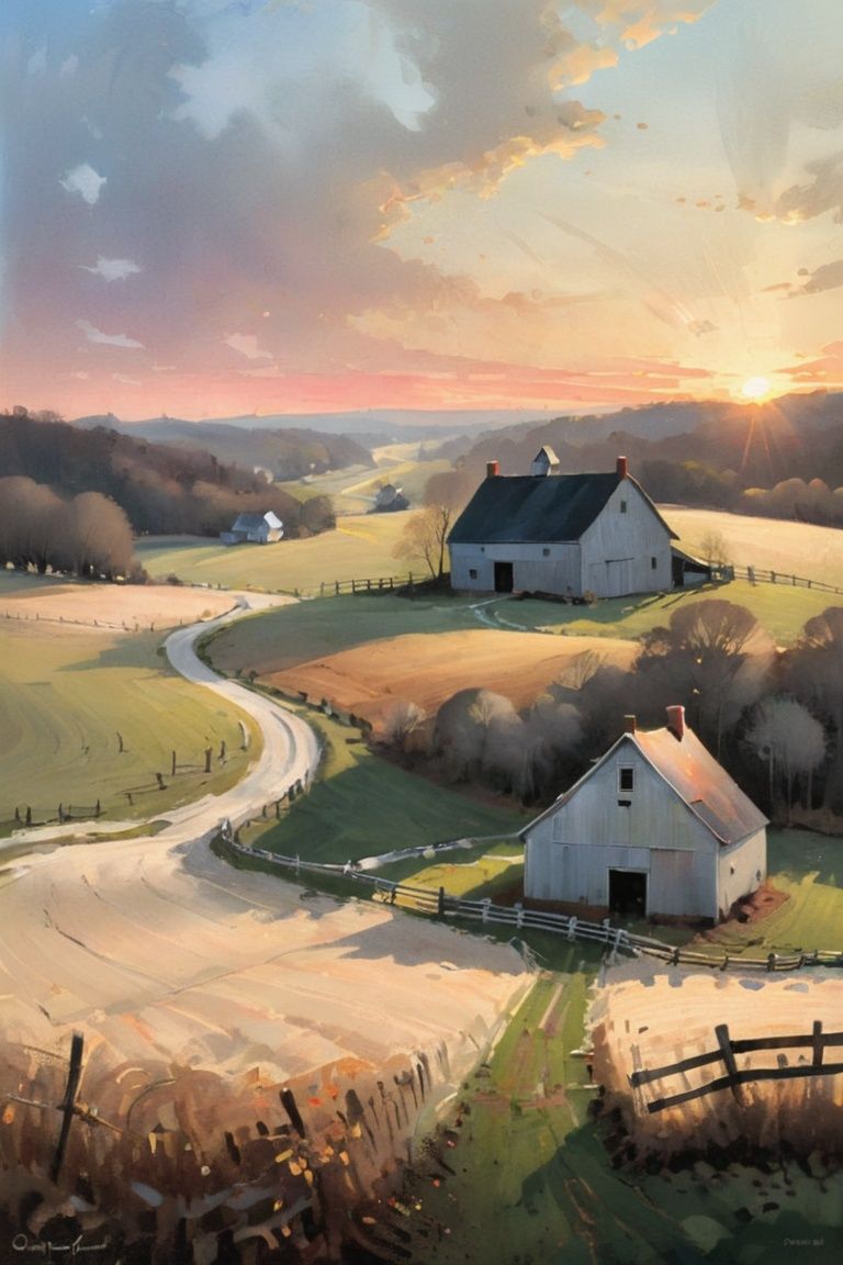 Paint a serene countryside farm at dawn,  inspired by Andrew Wyeth's realistic style. on Tensor.Art