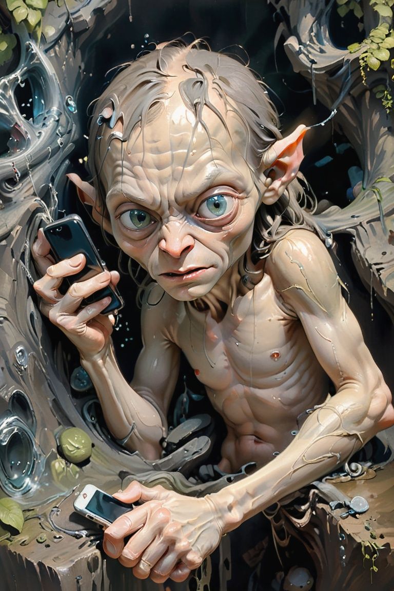 hyper realist painting of Gollum answering a cell phone,  glum face,  "I don't want to talk to you" on Tensor.Art