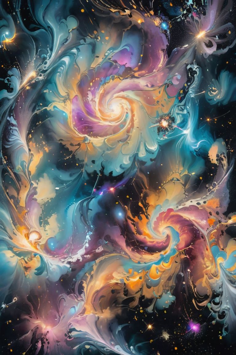 Depict a celestial scene with swirling galaxies and cosmic phenomena,  reminiscent of Hubble Space Telescope images. on Te...
