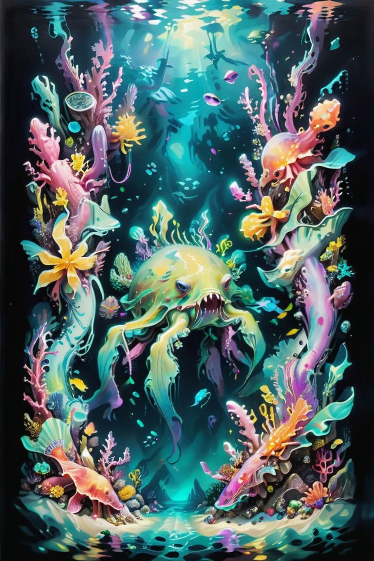 Craft an underwater world with bioluminescent creatures and sunken treasures,  as if painted by drug induced hyper realist...