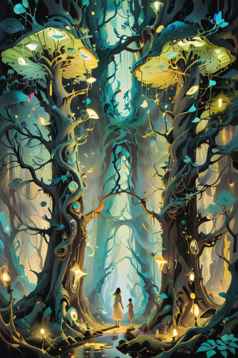 Transform a forest into a magical,  luminescent wonderland,  inspired by Salvador Dalí's surrealism | detailed and imagina...