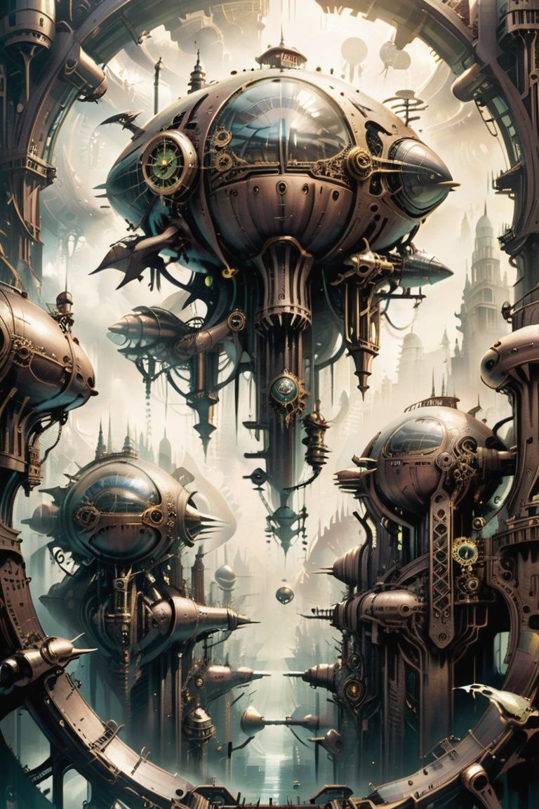 Imagine a steampunk metropolis with intricate clockwork mechanisms and airships,  reminiscent of H.R. Giger's style. on Te...
