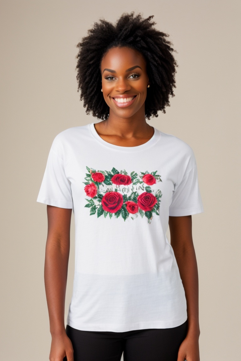 A beautiful woman wearing just a long loose white t-shirt,  with roses printed on it on Tensor.Art