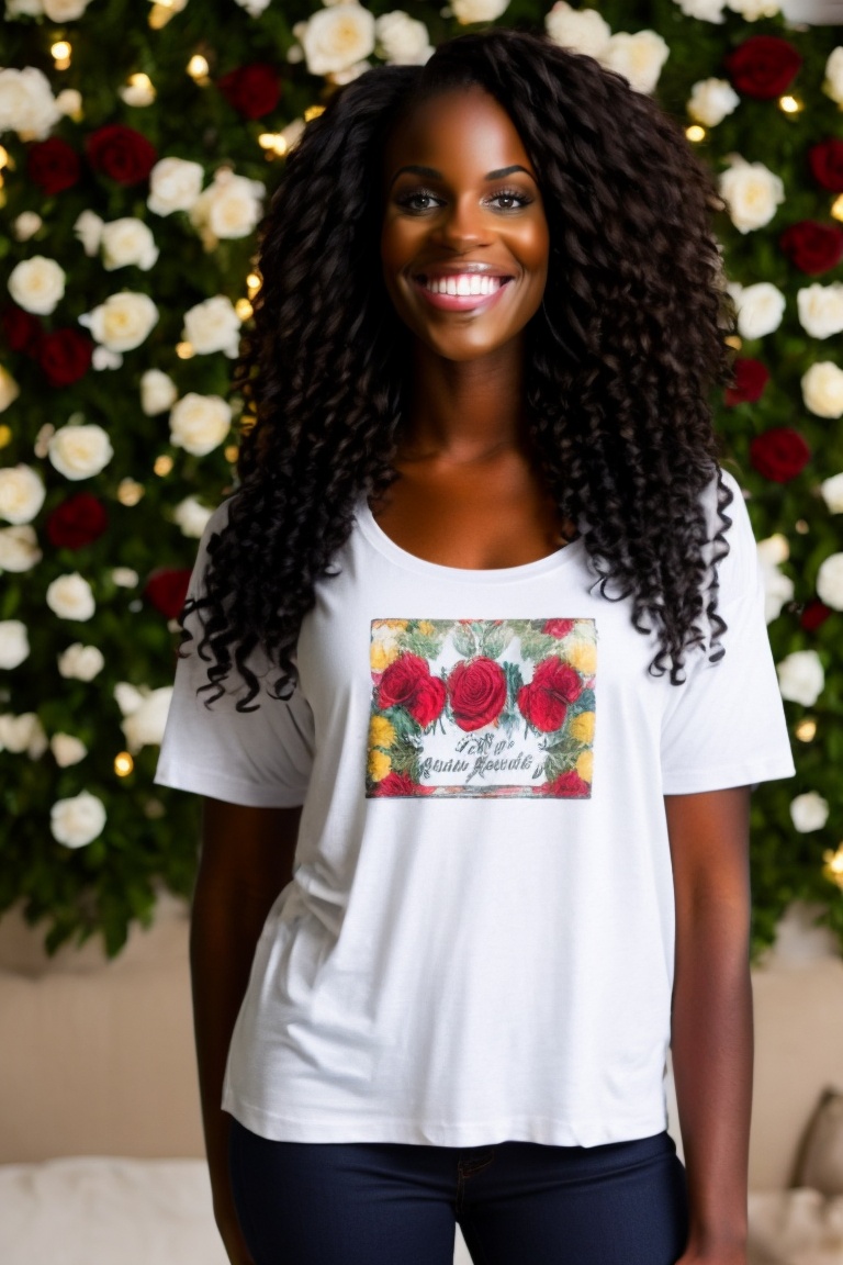 A beautiful woman wearing just a long loose white t-shirt,  with roses printed on it on Tensor.Art