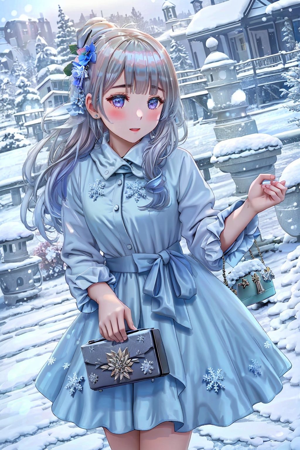 1girl, solo, flower, dress, Snowflake, Snow land, christmas tree, Gift box, outside, UHD, high details, best quality, anatomically correct, 16k