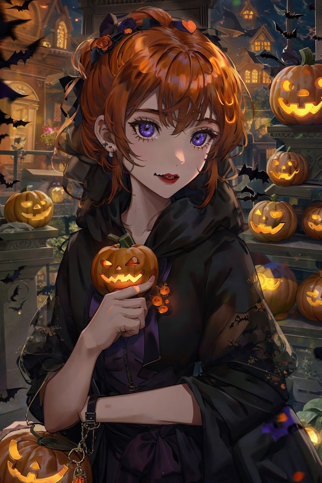 1girl, Halloween, jack-o'-lantern, bat, bat, Tombstone, Best quality, 8k