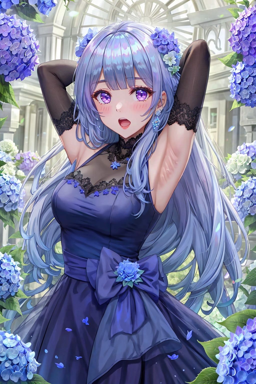  blue flower, flower, hydrangea, white flower, bracelet, 1girl, lily \(flower\), daisy, bell, blue rose, long hair, purple flower, solo, jewelry, breasts, dress, blue theme, arms up, open mouth, armpits, looking at viewer, medium breasts